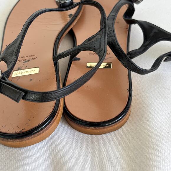 Albano Jewel Thong Sandals 7 37 Black Leather Ankle Wrap Italian Italy Resort - Picture 4 of 6